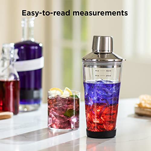 Rabbit 18 oz Glass Cocktail Shaker with Printed Measurements, Stainless Steel Topper & 1.5 oz Jigger Cap, 3.94 x 3.54 x 9.06 inches