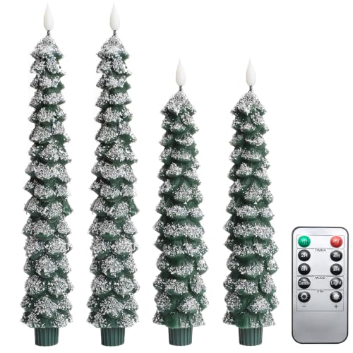 Green Christmas Flameless Tree Candles with Snowflakes - Remote, 4 Pack