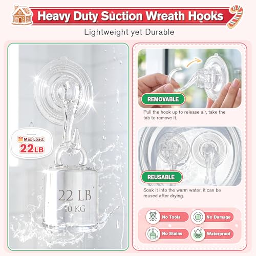 VIS'V Heavy Duty Suction Wreath Hanger - 22 Lb Capacity Clear Hooks (2 Pcs)