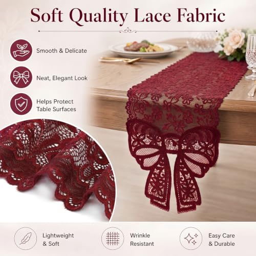 Windkream Burgundy Lace Table Runner with Bow Ends 12x71 Inch for Holiday & Wedding Decor