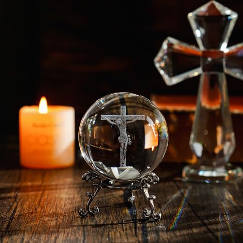 Zeershee 2.3" Jesus Crystal Ball with Triangular Stand - Cross Jesus Gift