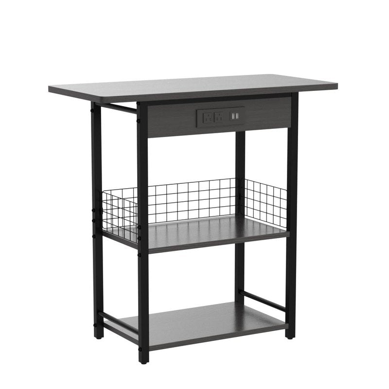 End Table with Charging Station, 25.5” Sofa Side Table with USB Ports and Outlets, Narrow Nightstand with Fabric Drawer, Slim Bedside Table with Storage for Living Room Bedroom Home Entryway, Black