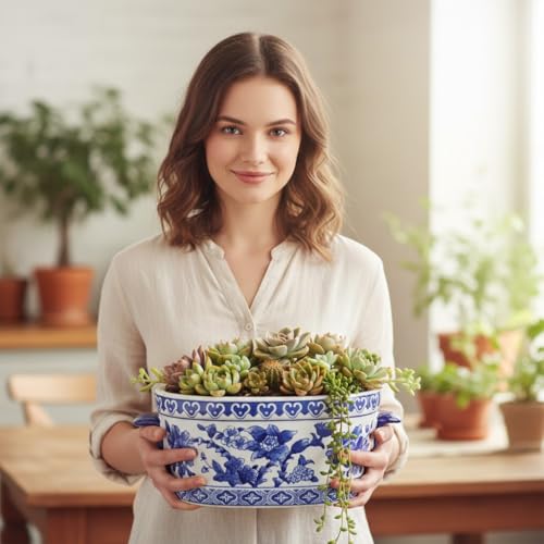 Blue and White Ceramic Planter Pot - Vintage Floral Oval Cachepot