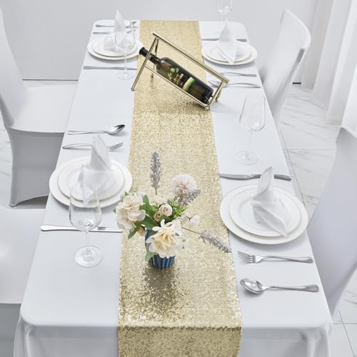 Pufogu Champagne Sequin Table Runner 12x72 Inches - 2 Pack