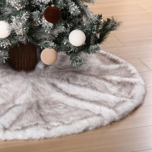 72 Inch Faux Fur Christmas Tree Skirt - Thick White Brown Tip Luxury Decor