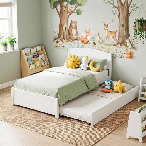 Solid Wood Twin Daybed with Pull-Out Trundle Bed, White Pine Frame