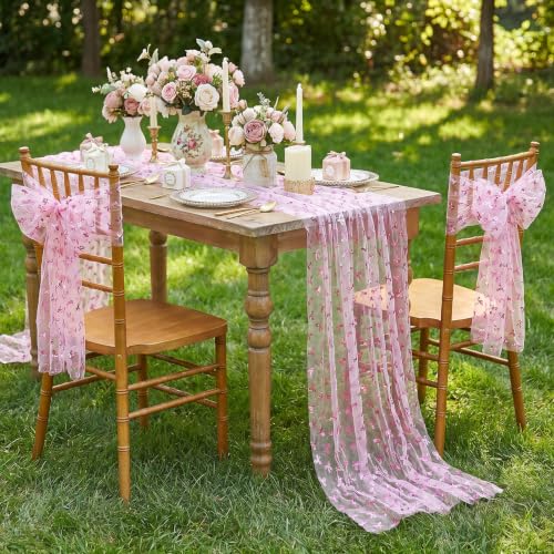 Pink Cheesecloth Table Runner 10FT with Pink Tulle & Bows for Wedding & Party Decor