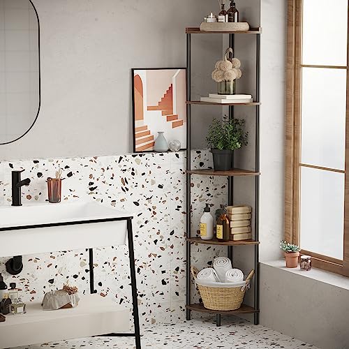 5-Tier Industrial Corner Shelf, 65-Inch Tall Corner Bookshelf for Small Spaces