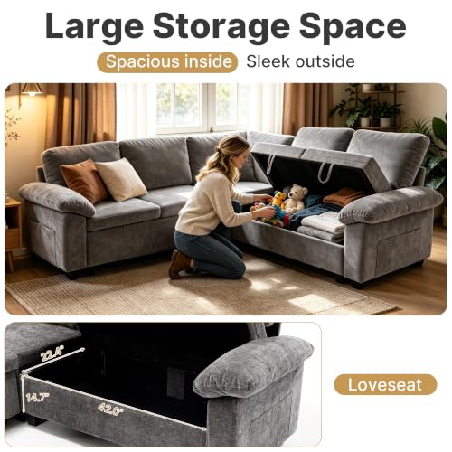 5-Seat Modular Sectional Sleeper Sofa with Pull-Out Bed and Storage, Grey