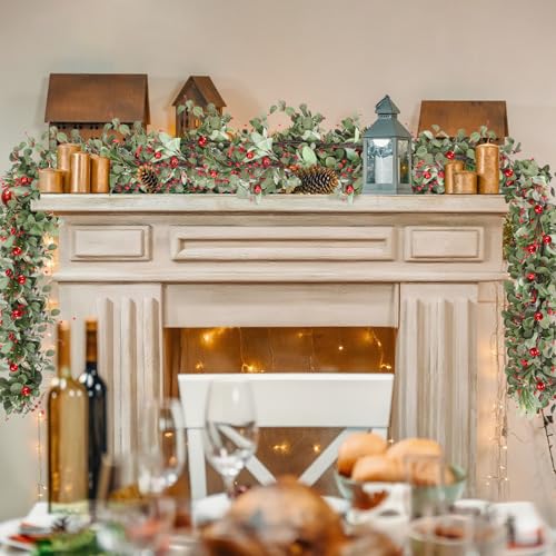 XunYee 1 Pcs 6ft Artificial Eucalyptus Garland with Red Berries – Christmas Holiday Decor (Variation: THIS listing: 1)