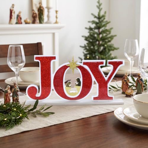 Joy Christmas Nativity Scene Sign with Wooden Base - Religious Holiday Decor