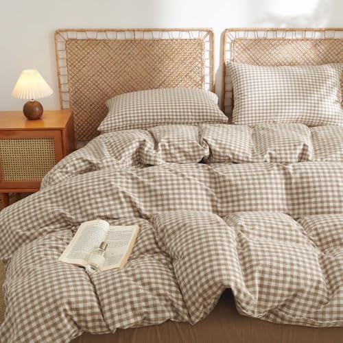 Queen Cotton Gingham Duvet Cover Set - Brown Tan Plaid Bedding with Ties