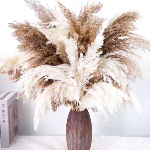 40 PCS Natural Dried Pampas Grass Stems - 17" Fluffy Boho Floral Decor