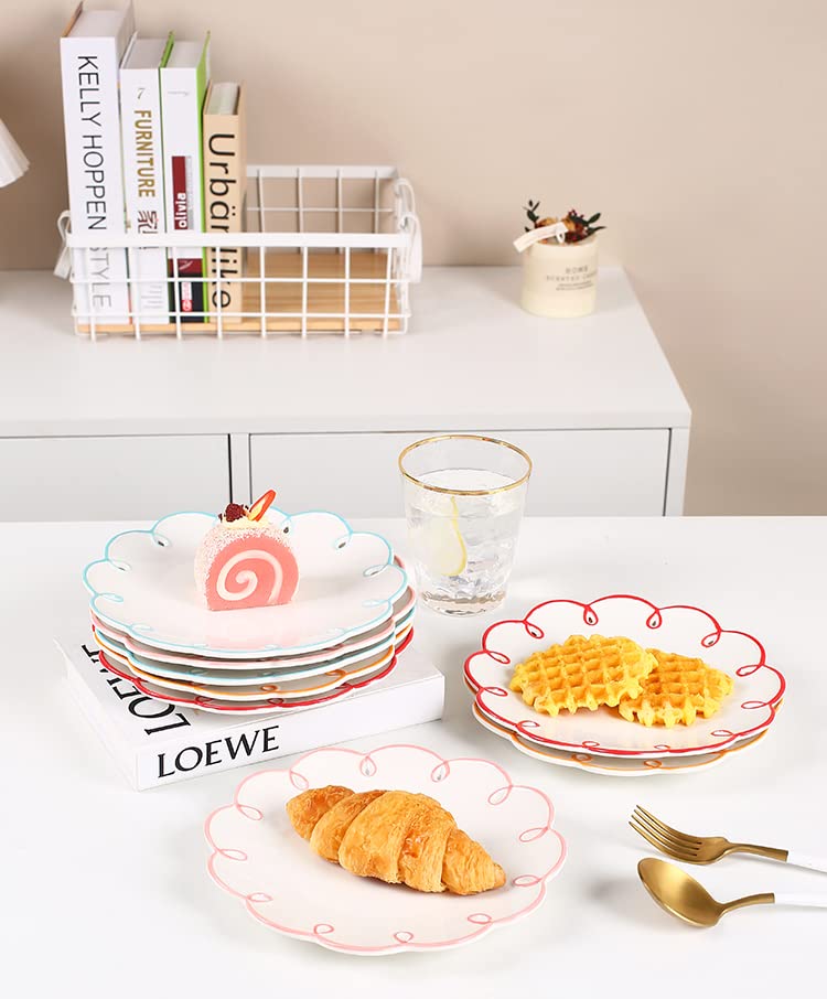 Colias Wing 8 Inches Red Edge Design Flower Shaped Ceramic Dinner Plates-Set of 2-White