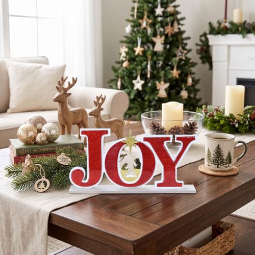 Joy Christmas Nativity Scene Sign with Wooden Base - Religious Holiday Decor
