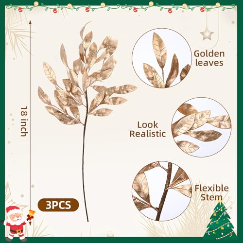 18-Inch Artificial Gold Bay Leaf Stems, Christmas Floral Picks (6 Pack)