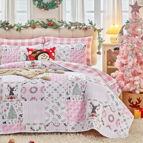 Joyreap 3-Piece Christmas Quilt Set Queen Pink Patchwork 88x88 All-Season Microfiber