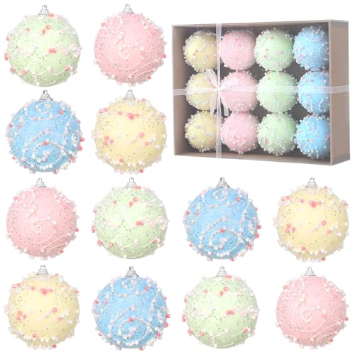 Pastel Glitter Foam Christmas Ornaments 12-Piece Set, Shatterproof Balls in Pink, Blue, Yellow & Mint