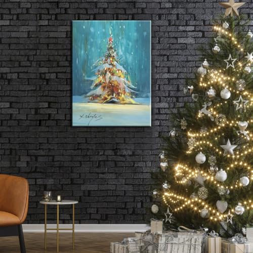 JZLDZS Christmas Tree Canvas Wall Art 24x32 Inches Framed Blue & Yellow Holiday Decor