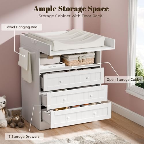 Foldable Baby Changing Table with 3 Drawers and Open Storage, White