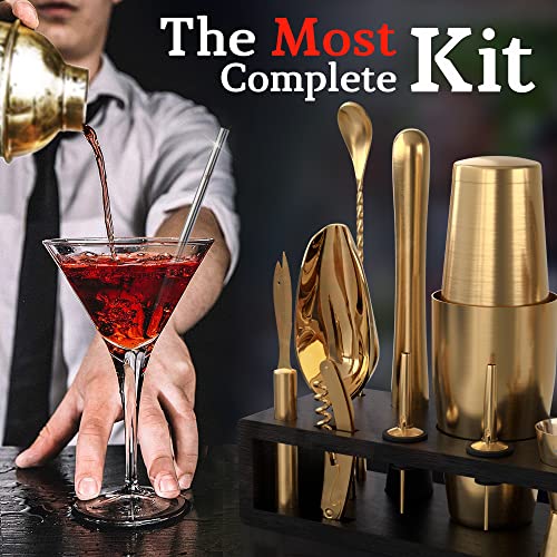 Highball & Chaser Antique Gold Bartender Kit with Bamboo Stand – Cocktail Shaker Set & Bar Tools