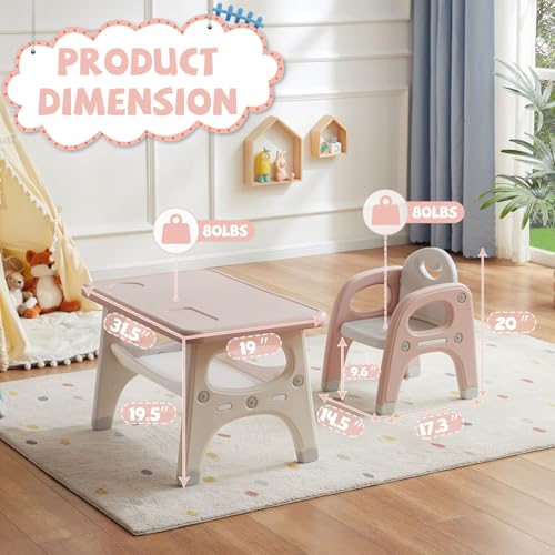 Kids Activity Table and 2 Chairs Set with Storage, Pink Toddler Furniture