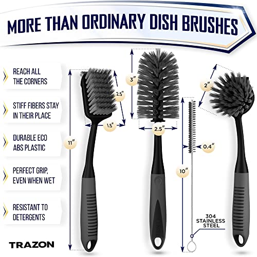 4-Piece Kitchen Dish Brush Set with Non-Slip Long Handle - Black