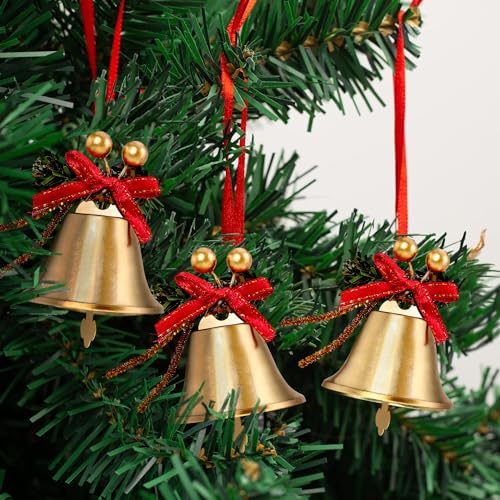 6-Piece Gold Christmas Jingle Bell Ornaments with Red Bows and Berries