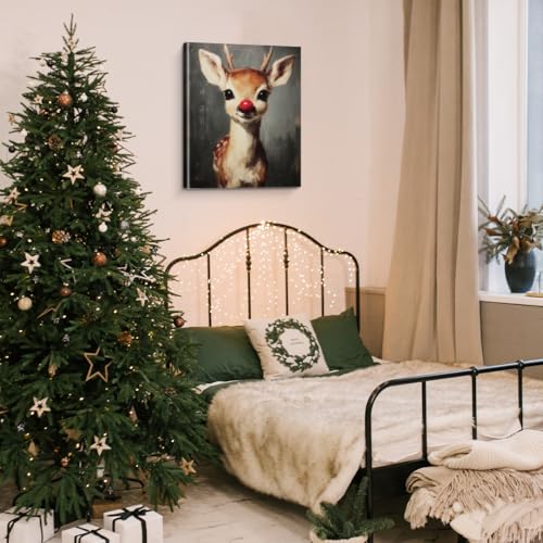 Reindeer Vintage Christmas Canvas Wall Art 8x10 - XIPLUM, Red Nose Whimsical Deer Print (Reindeer)