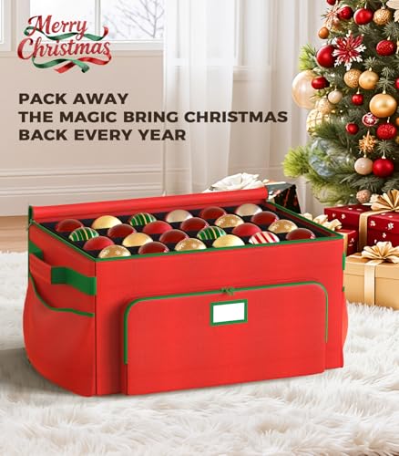 Large Christmas Ornament Storage Box with 72 Compartments, Durable 600D Fabric, Portable with Pockets