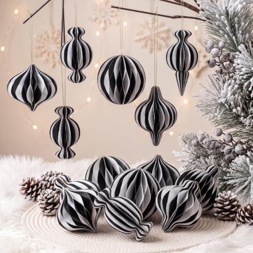 Kasyat 24 Black & White Honeycomb Christmas Ornaments, 110 GSM Paper Decoration Set