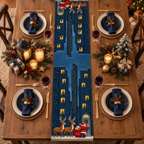 Bigwish Christmas Night Santa Reindeer Table Runner 13 x 90 Inch Holiday Decor