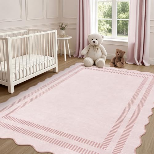 5x7 Washable Pink Area Rug, Non-Slip Scalloped Vintage Rug for Bedroom