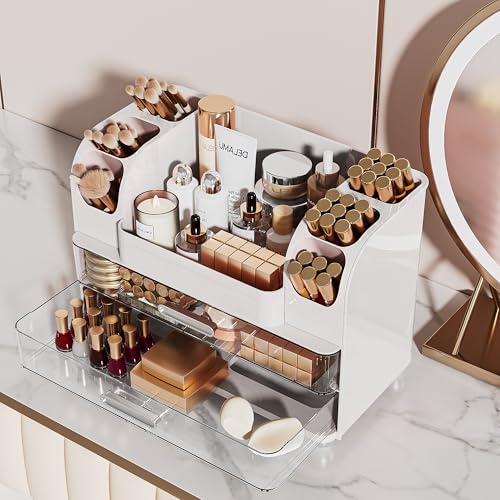 Delamu White Large Makeup Organizer Countertop with 6 Brush Holders