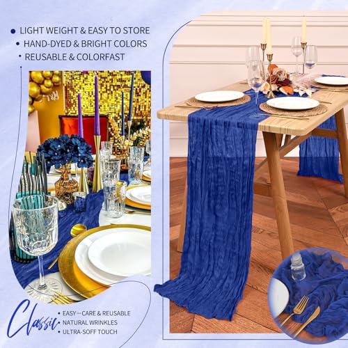 Showgeous Royal Blue Cheesecloth Table Runner 3 Pack 21 x 120 Inches - Elegant Wedding & Party Decor