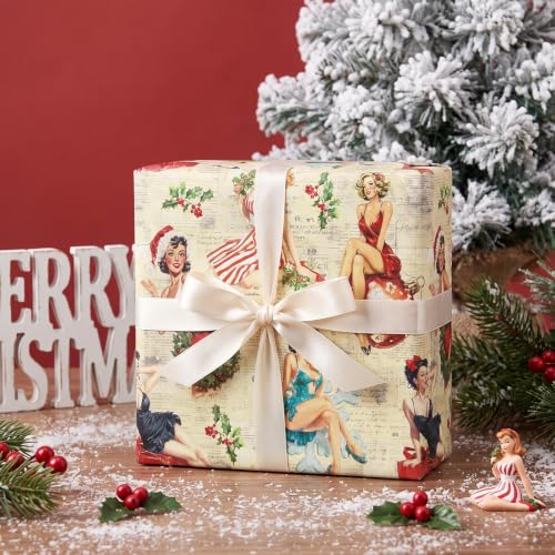 RUSPEPA Vintage Kraft Christmas Wrapping Paper Roll with Retro Pin-Up Girl - 17in x 16.4ft