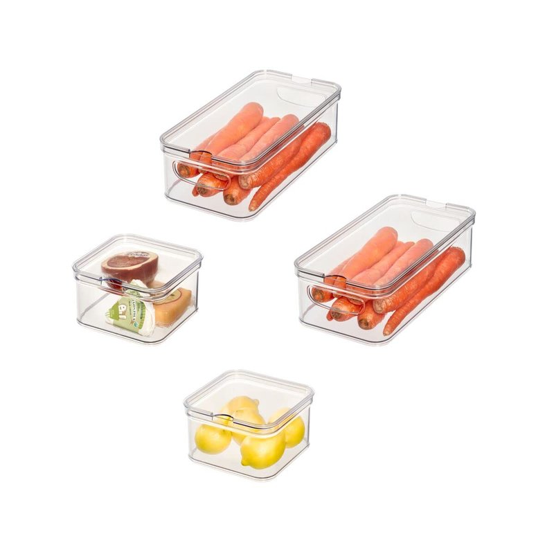 iDesign Crisp 4-Piece Recycled Plastic Refrigerator Organizer Bin Set with Lids, Clear/White