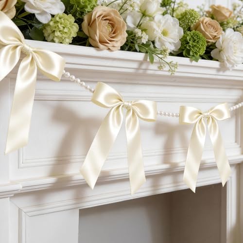 Pre-Strung White Satin Bow Garland Banner with Pearl Chain - 2 Strings