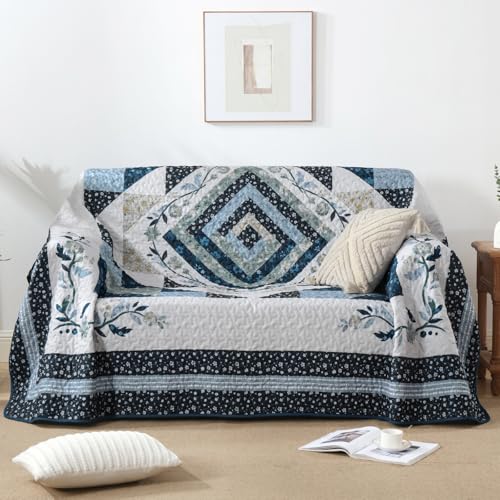 King Size Patchwork Quilt Set, Navy Blue Floral Bedspread - 3 Pieces