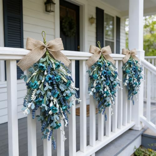 2-Pack Artificial Teardrop Swag Wreaths with Blue Daisies and Eucalyptus