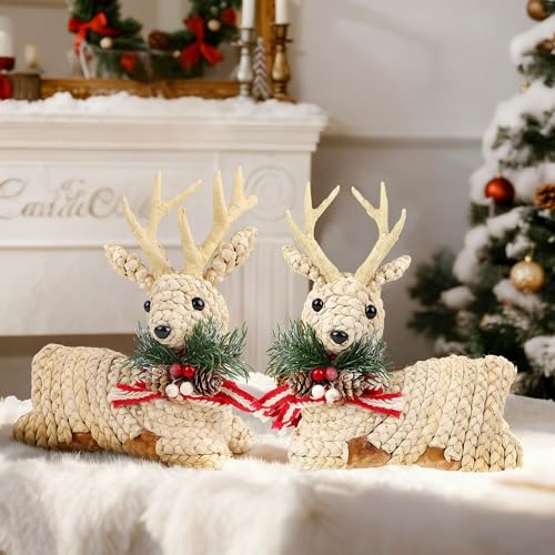 Lulu Home Set of 2 Rustic Straw Reindeer Christmas Tabletop Decor - Natural Straw