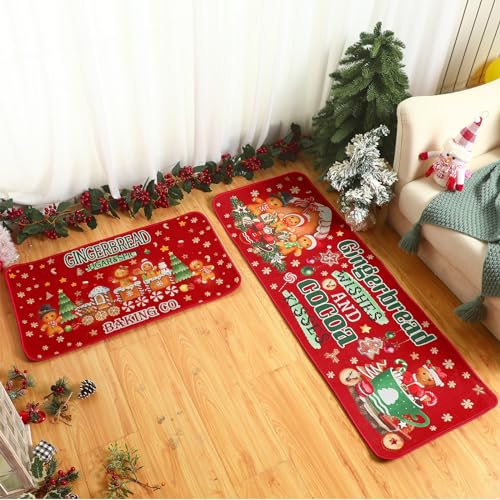 2-Piece Gingerbread Man Christmas Kitchen Rug Set - Non-Slip Holiday Floor Mats