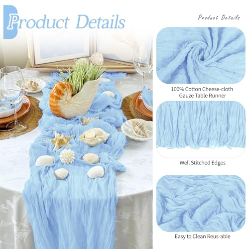3 Pack Baby Blue Cheesecloth Table Runner 17x108 Inch Boho Gauze Table Decor