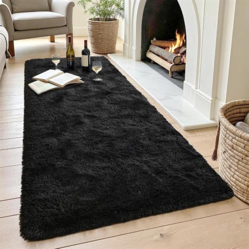 2x6 Black Fluffy Runner Rug, Soft Non-Slip Shag Carpet for Hallway Bedroom