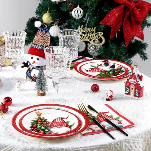 Homlouue Gnome & Christmas Tree 200-Piece Disposable Dinnerware Set - Plates & Napkins, Serve 50