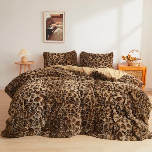 Fluffy Faux Fur Duvet Cover Set - Queen Soft Shaggy Leopard Print Bedding