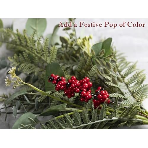 Artificial 32 Pcs Red Berry Stems, Holly Berry Stems Xmas Red Berry Picks with Fruit Clusters for Christmas Tree Decor Wreath Garland DIY Crafts Home Holiday Wedding Decoration (Two-Tone Red)
