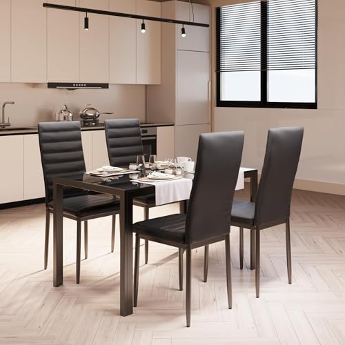 5-Piece Tempered Glass Dining Table Set for 4 with Leather Chairs