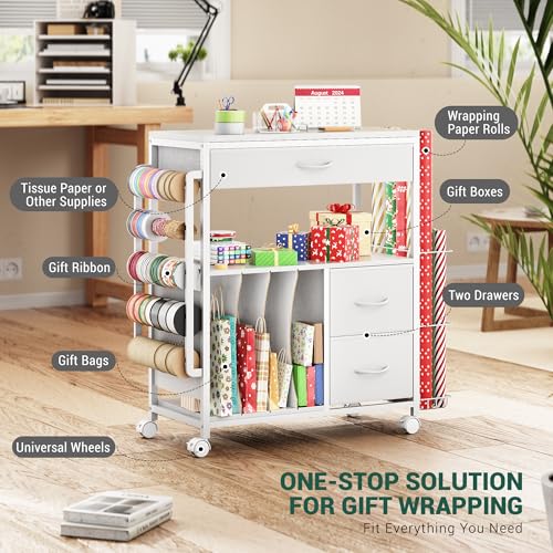 Rolling Gift Wrapping Paper Storage Cart with Ribbon Holder and Drawers