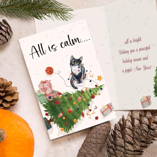 Oamiolek Funny Cat Christmas Card - Holiday Greeting for Cat Lovers, All Is Calm All Is Bright - Cat Variation